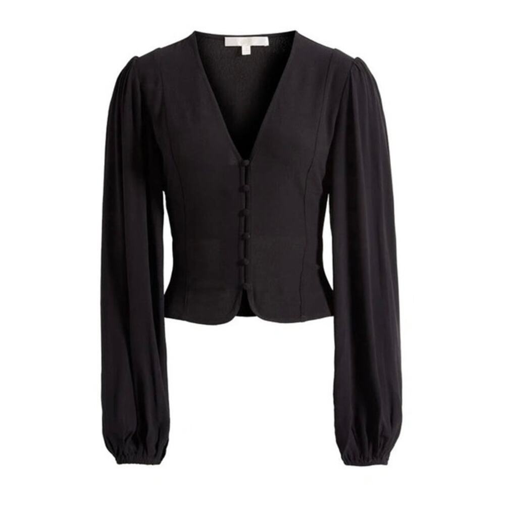 WAYF Lidia Puff Sleeve Black V Neck Long Sleeve Fitted Feminine Blouse Womens Md